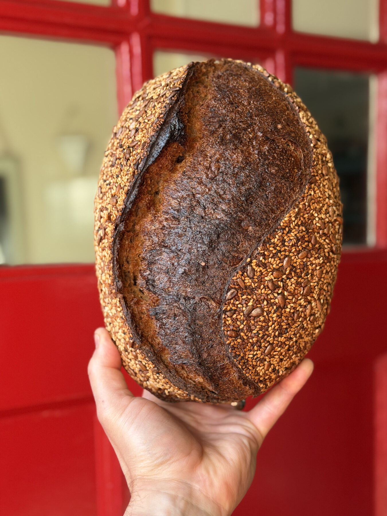 Seeded sourdough loaf held in front of the red Bread Shed doors